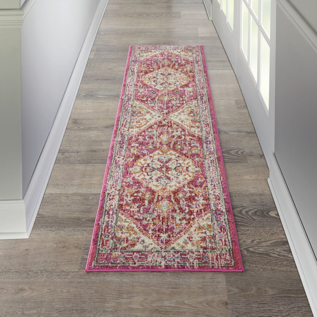 2’ X 8’ Ivory And Pink Oriental Runner Rug