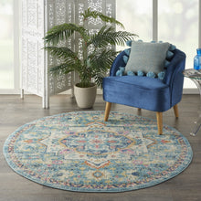 5’ Round Light Blue And Ivory Distressed Area Rug