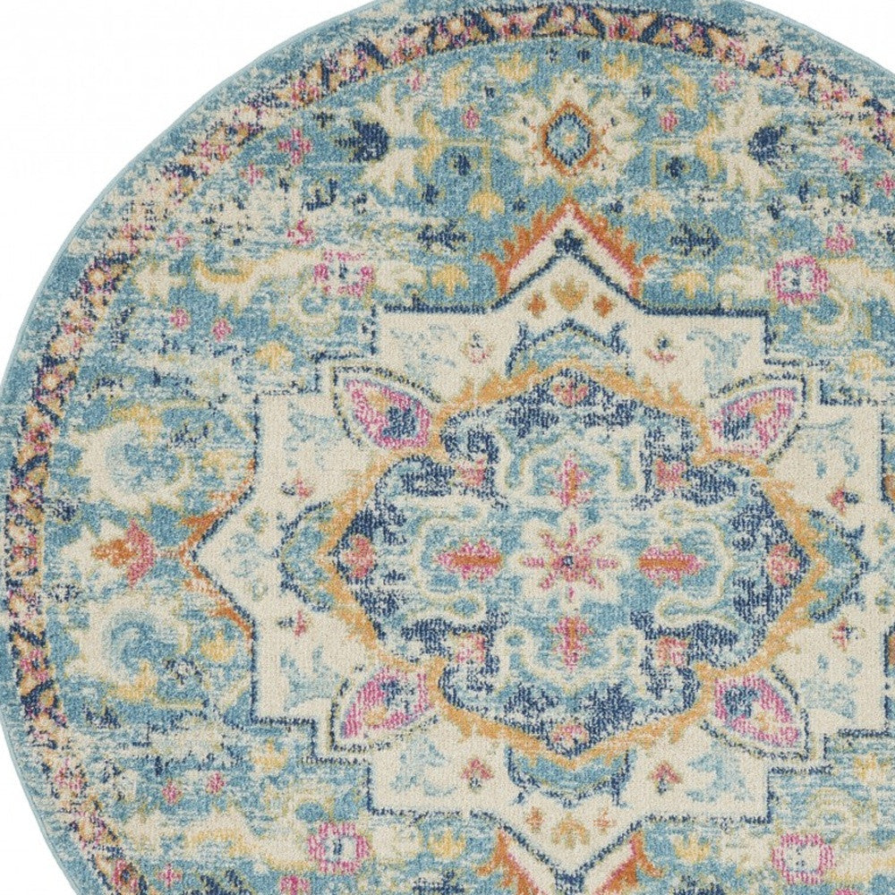 5’ Round Light Blue And Ivory Distressed Area Rug