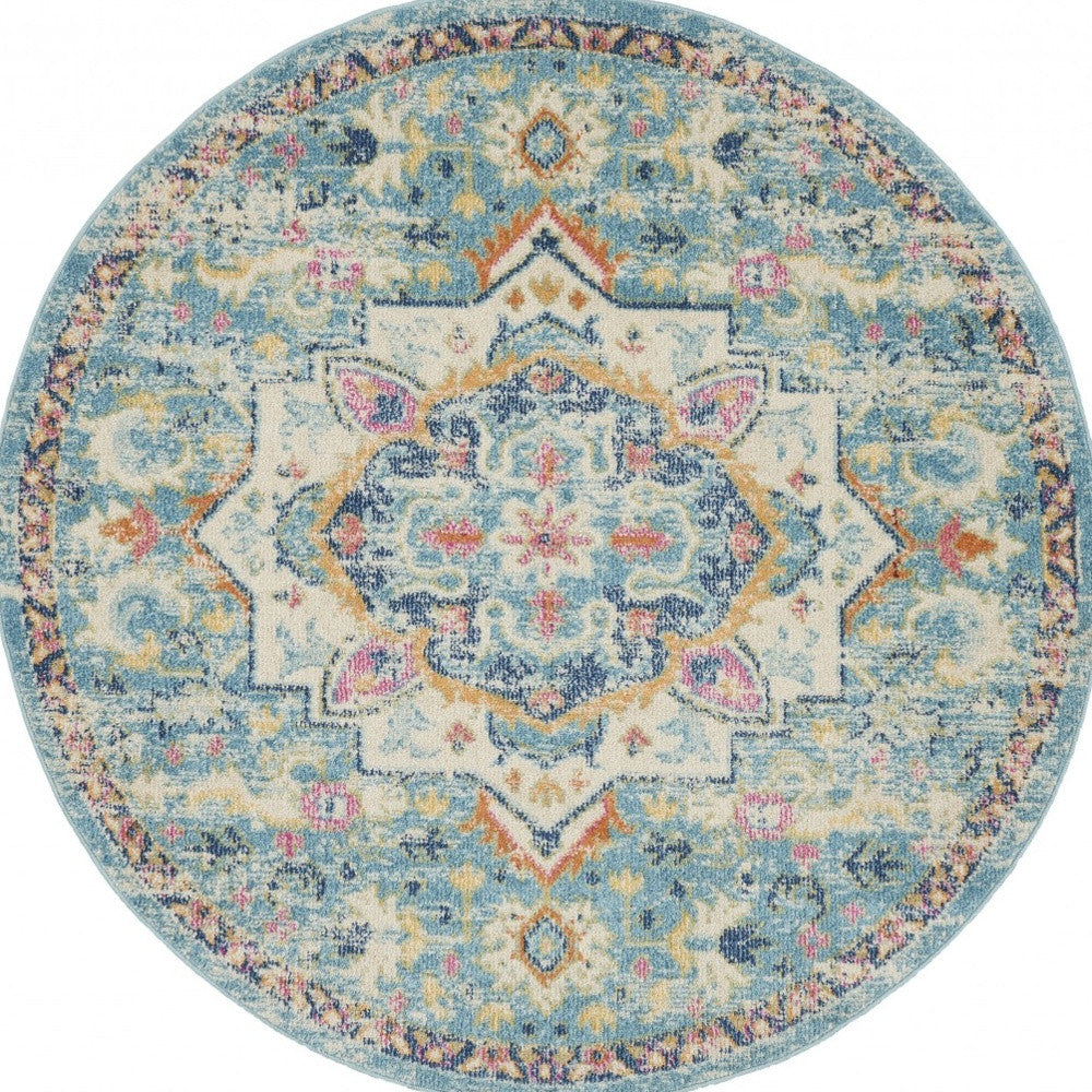 5’ Round Light Blue And Ivory Distressed Area Rug