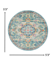 5’ Round Light Blue And Ivory Distressed Area Rug