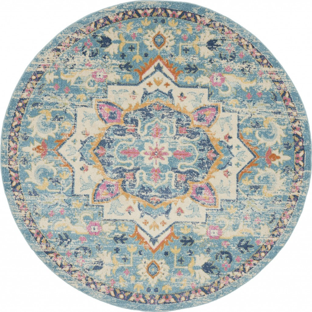 5’ Round Light Blue And Ivory Distressed Area Rug