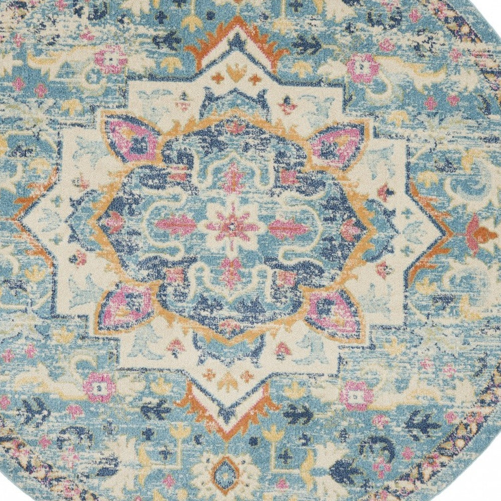 5’ Round Light Blue And Ivory Distressed Area Rug