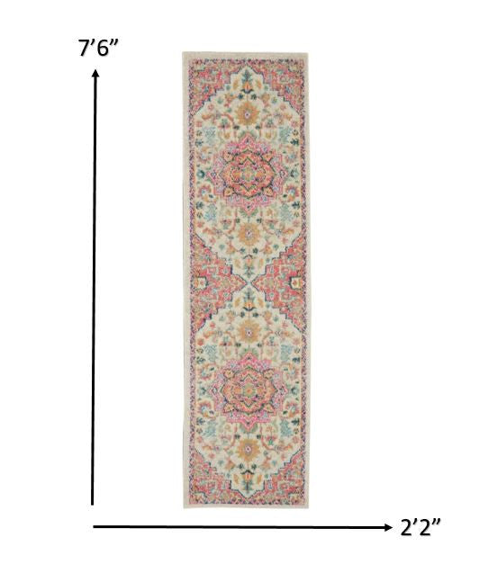 2’ X 8’ Ivory And Pink Medallion Scatter Rug