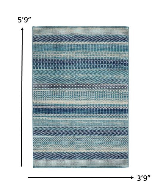 4’ X 6’ Navy Blue Ornate Stripes Area Rug