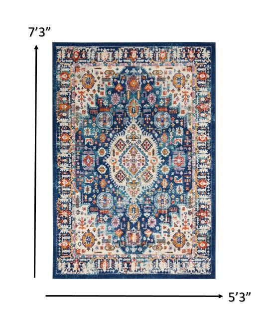 2’ X 8’ Blue And Ivory Medallion Runner Rug