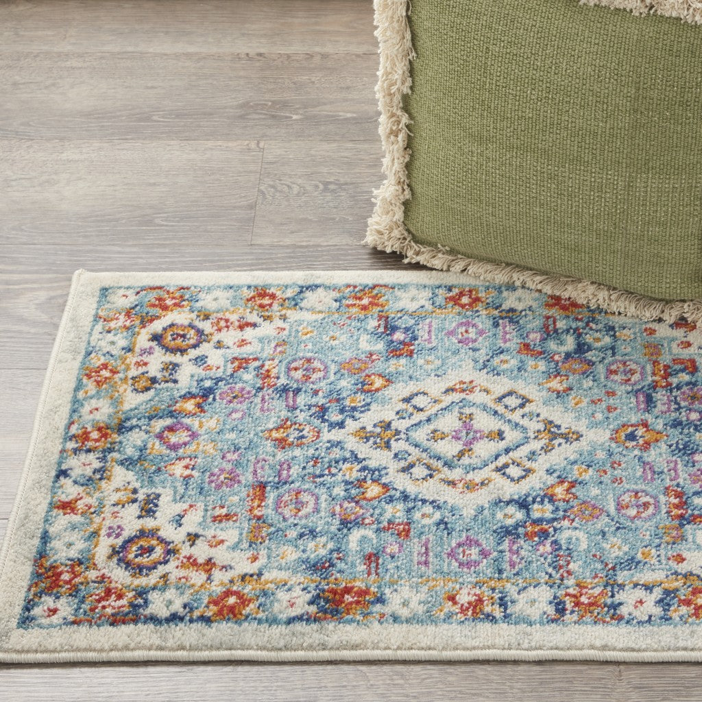 2’ X 3’ Ivory And Blue Floral Motifs Scatter Rug