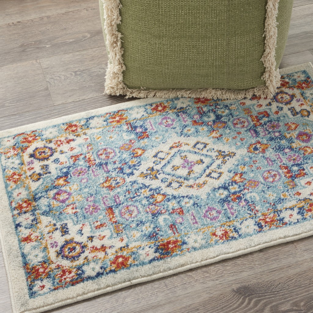 2’ X 3’ Ivory And Blue Floral Motifs Scatter Rug