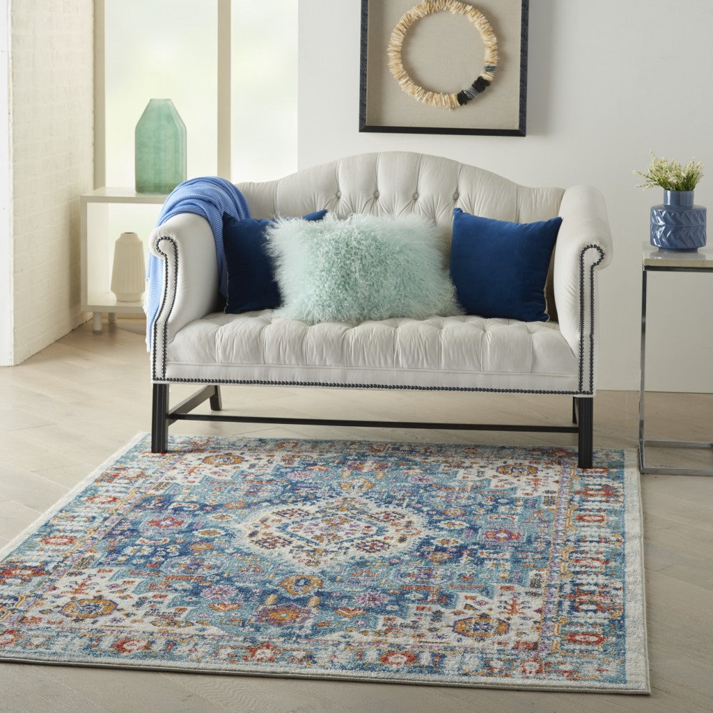 2’ X 3’ Ivory And Blue Floral Motifs Scatter Rug
