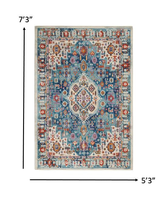 2’ X 3’ Ivory And Blue Floral Motifs Scatter Rug
