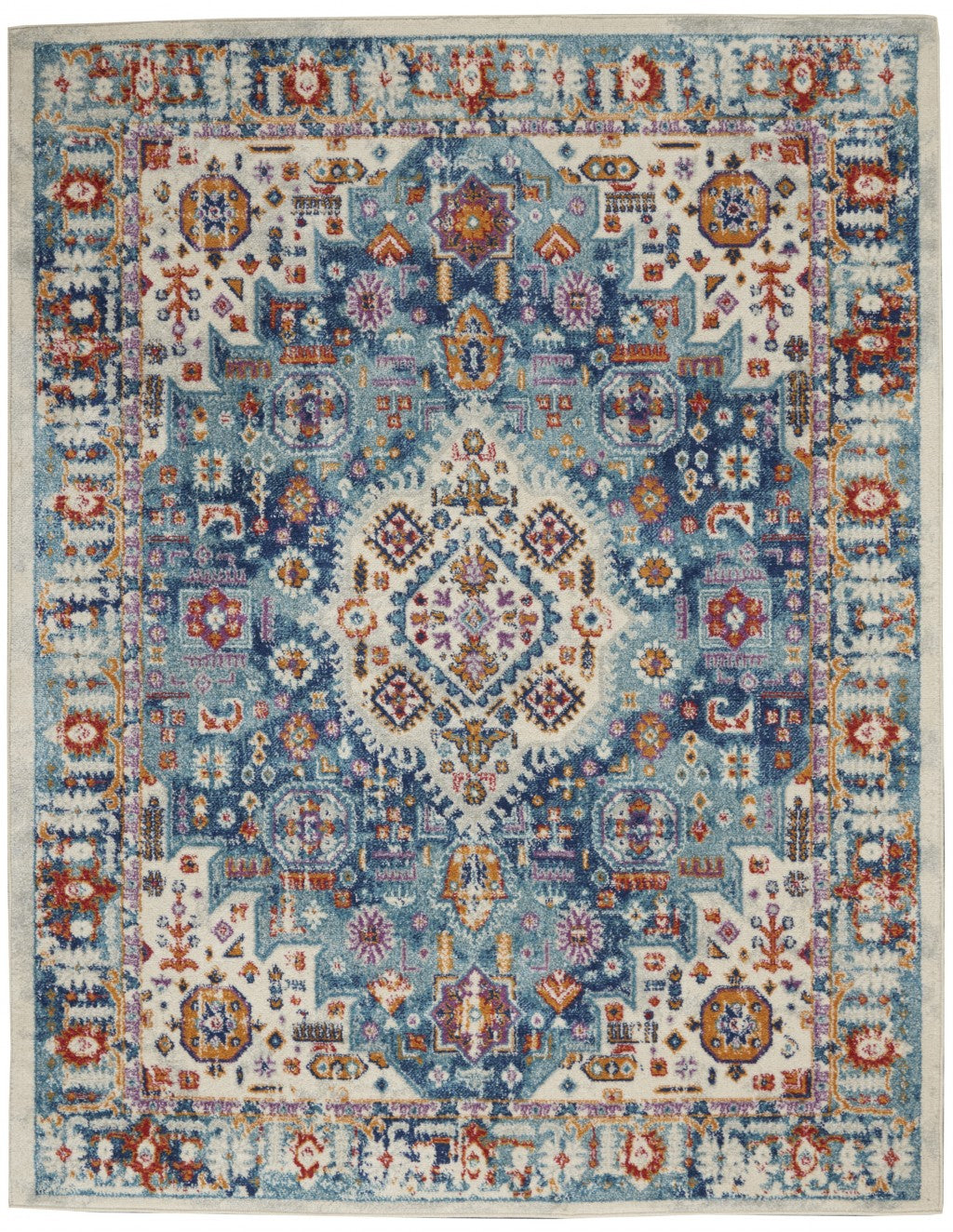 2’ X 3’ Ivory And Blue Floral Motifs Scatter Rug