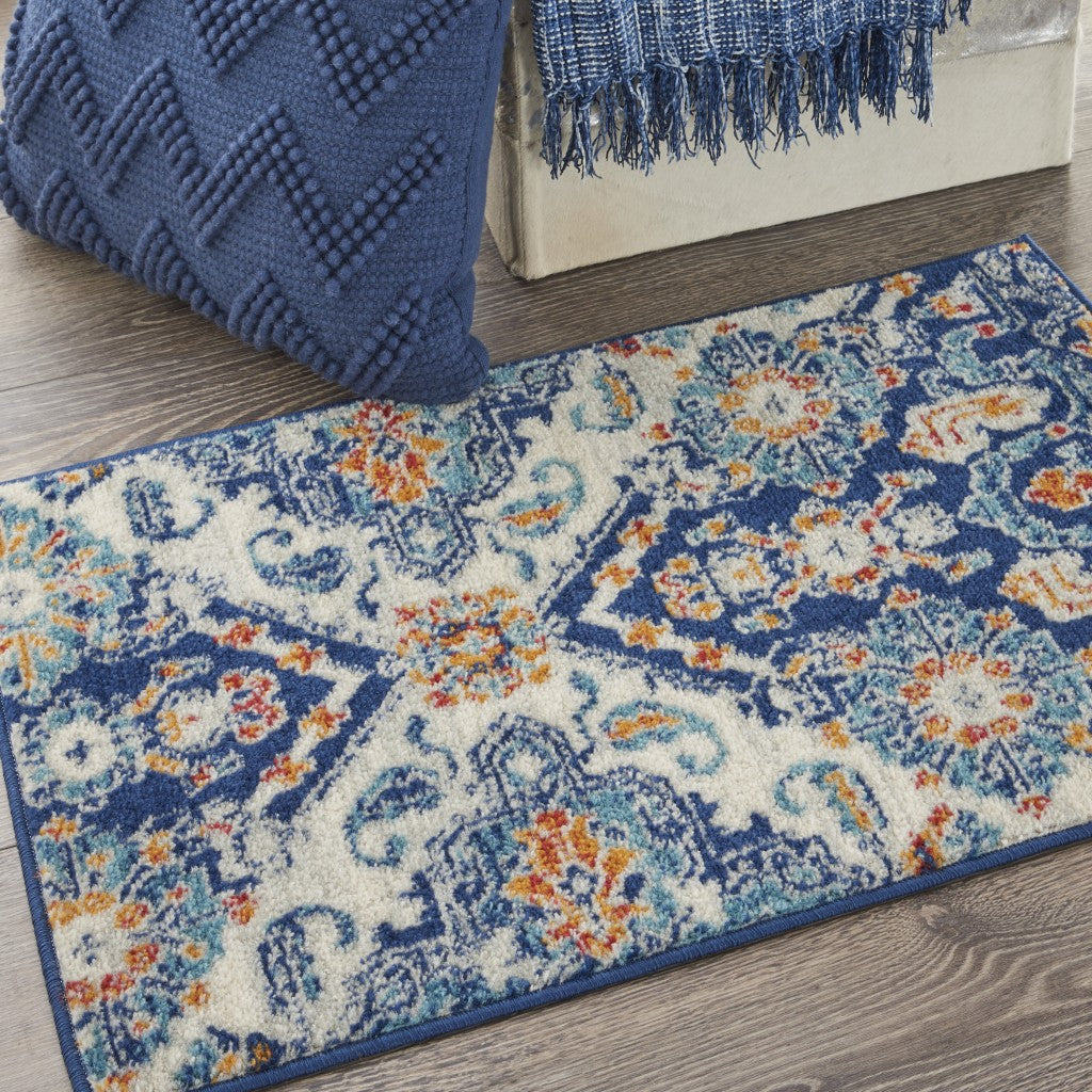 2’ X 3’ Blue And Ivory Persian Patterns Scatter Rug