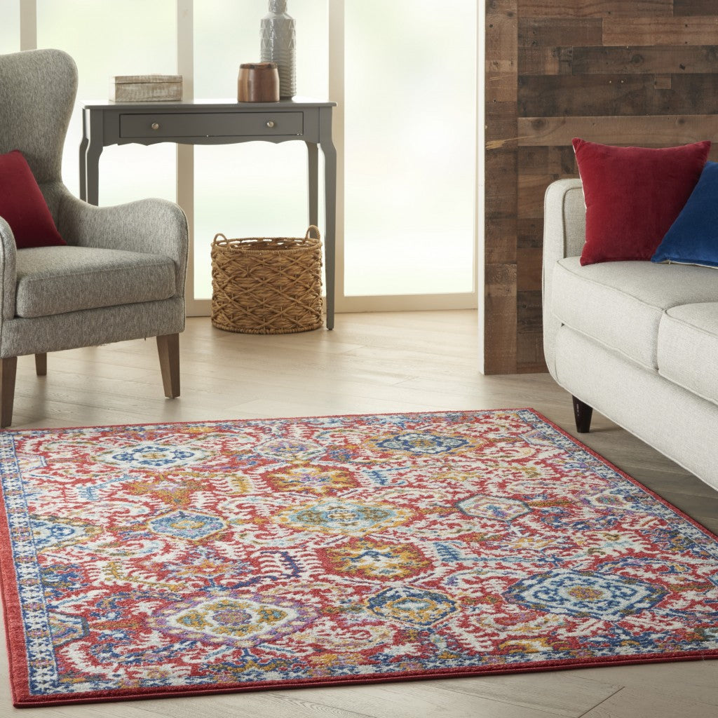 4’ X 6’ Red And Multicolor Decorative Area Rug