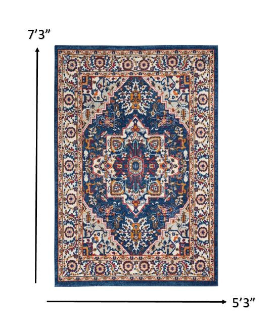 4’ X 6’ Blue And Ruby Medallion Area Rug
