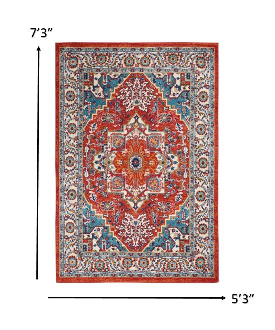 5’ X 7’ Red And Ivory Medallion Area Rug
