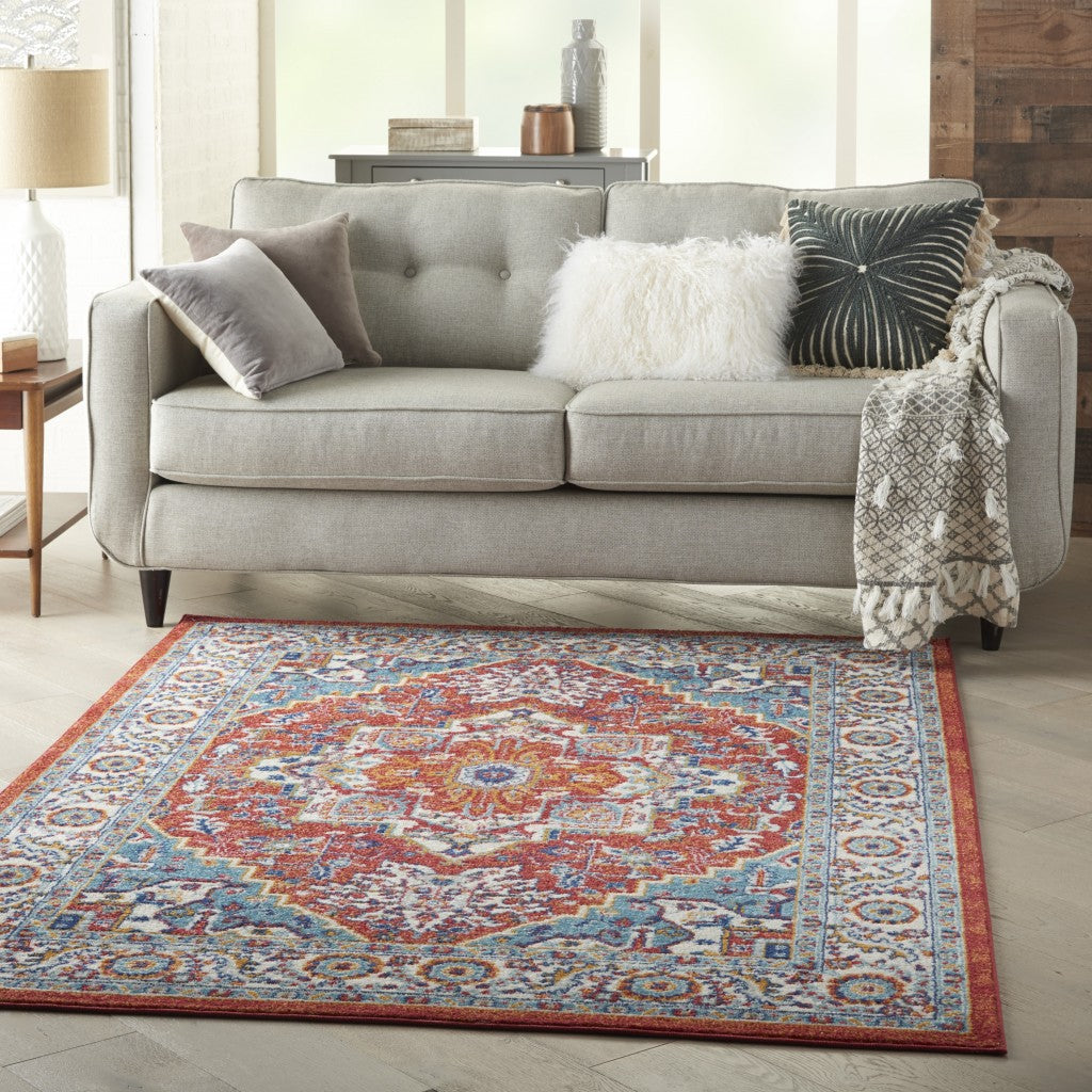 5’ X 7’ Red And Ivory Medallion Area Rug