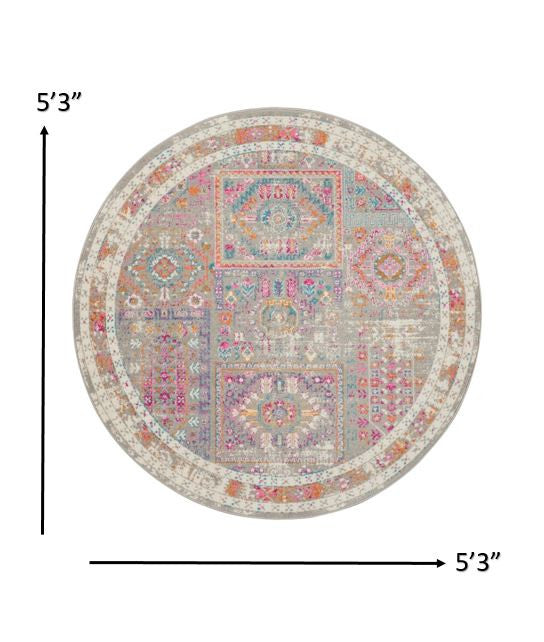 5’ Round Gray Distressed Ornamental Area Rug