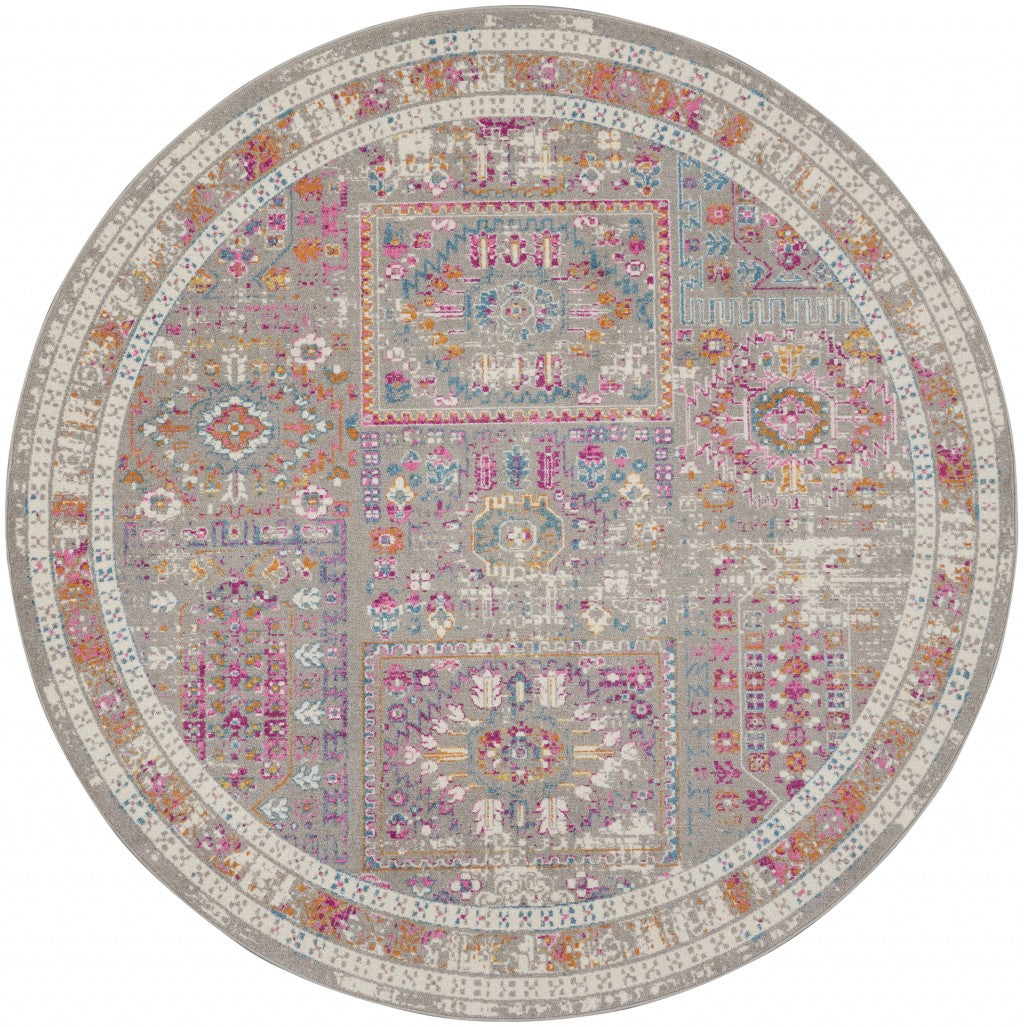 5’ Round Gray Distressed Ornamental Area Rug