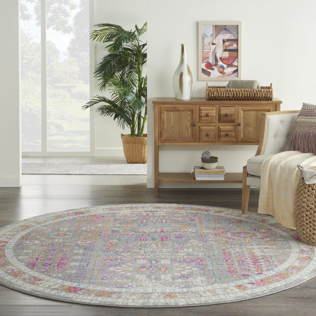 5’ Round Gray Distressed Ornamental Area Rug