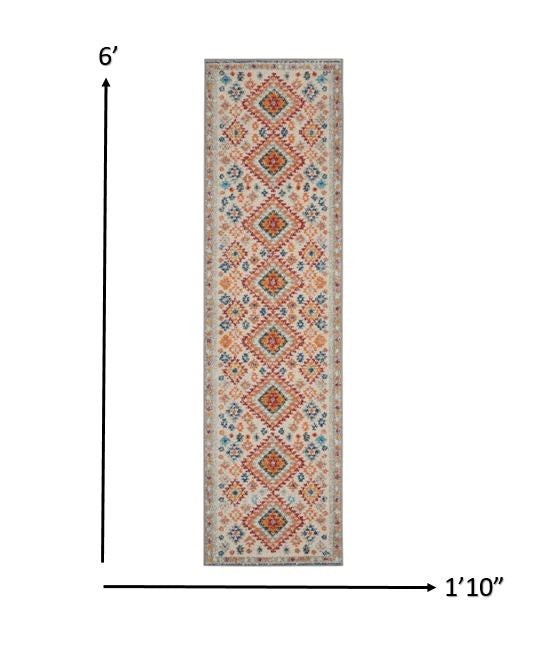 2’ X 6’ Ivory And Red Diamonds Runner Rug