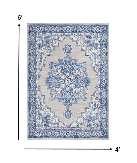 4’ X 6’ Gray And Blue Persian Medallion Area Rug