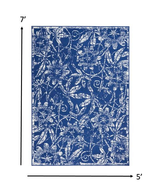 5’ X 7’ Navy And Ivory Floral Vines Area Rug