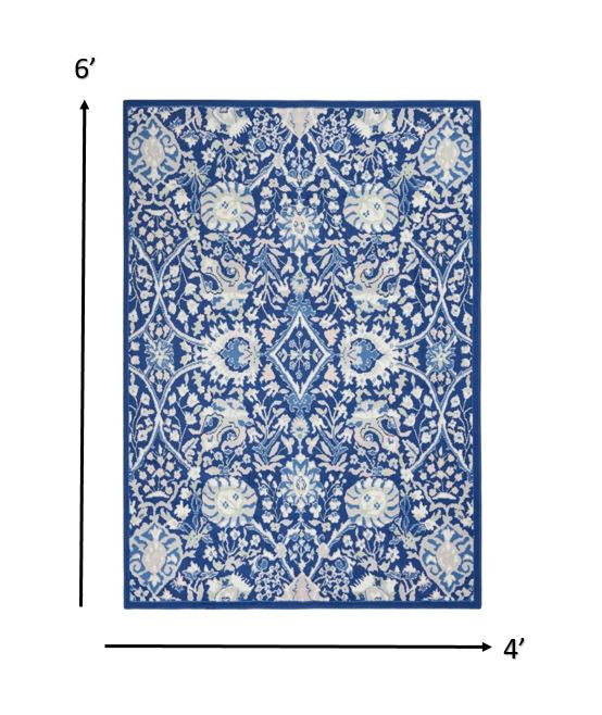 4’ X 6’ Navy And Ivory Intricate Floral Area Rug