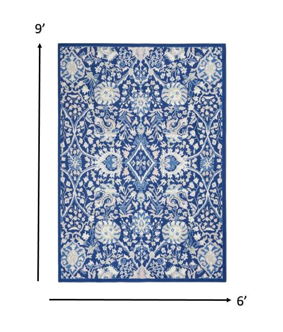 4’ X 6’ Navy And Ivory Intricate Floral Area Rug