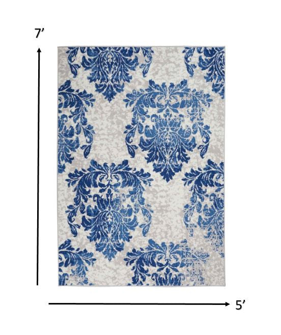 4’ X 6’ Ivory And Navy Damask Area Rug