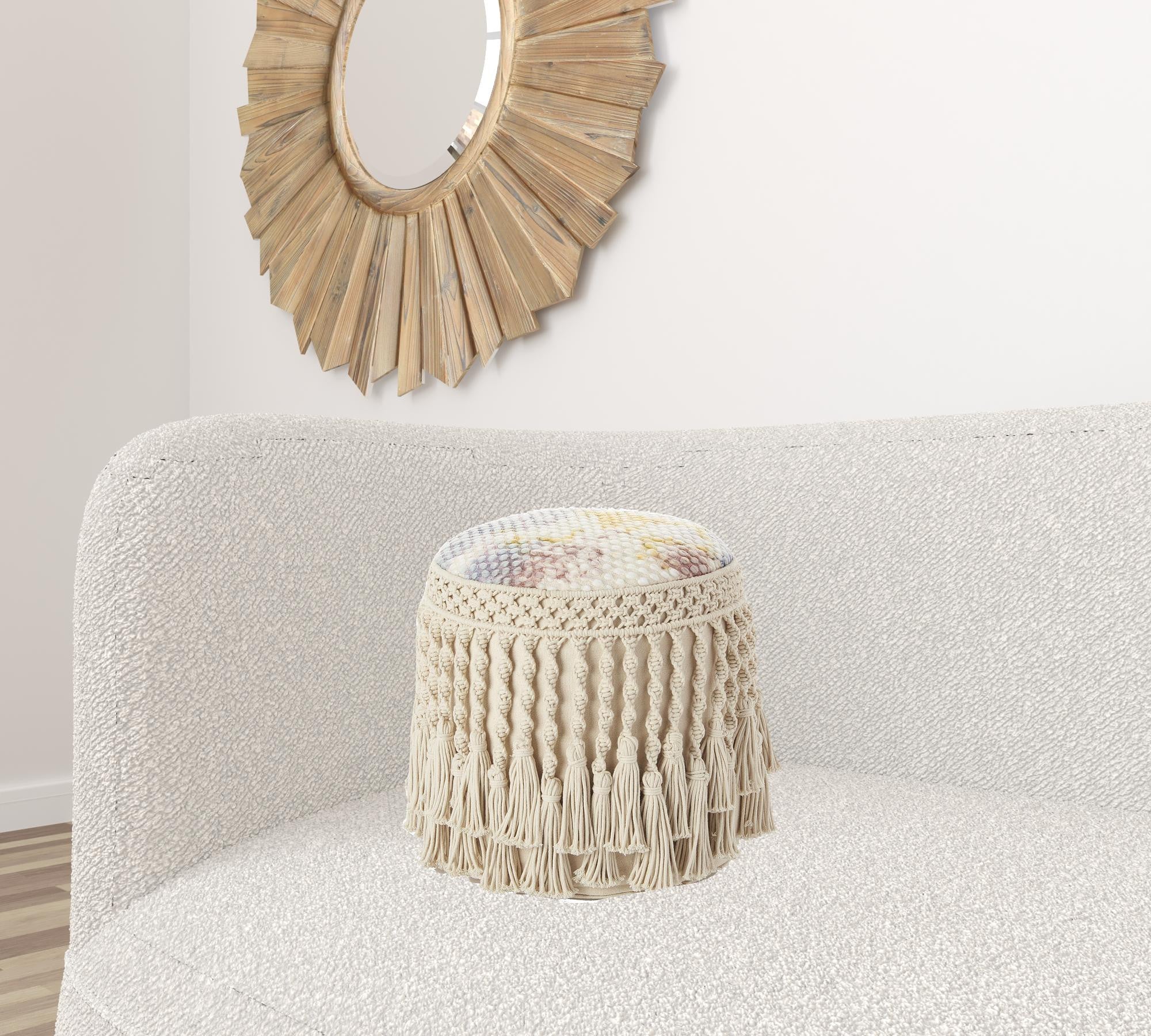 18" Boho Ivory Macrame Round Pouf Ottoman