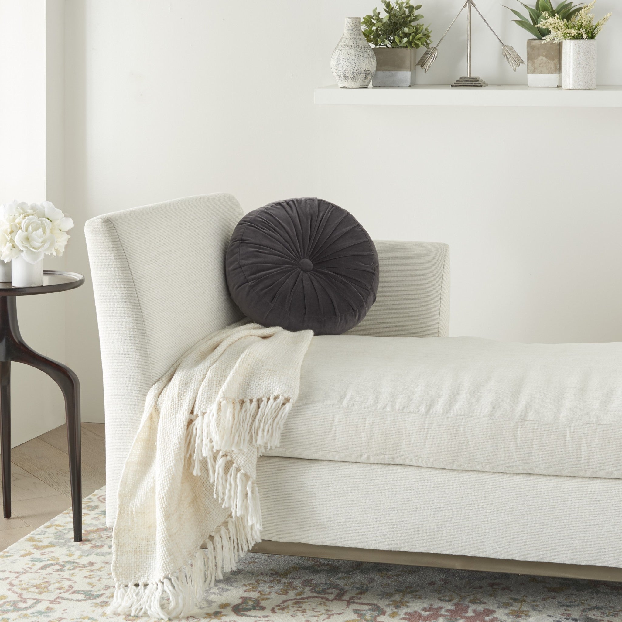 Dark Gray Tufted Round Throw Pillow