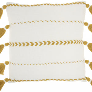 Bohemian White Cotton Accent Pillow With Mustard Tassel Details