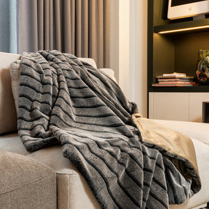 Gray Faux Fur Striped Plush Throw