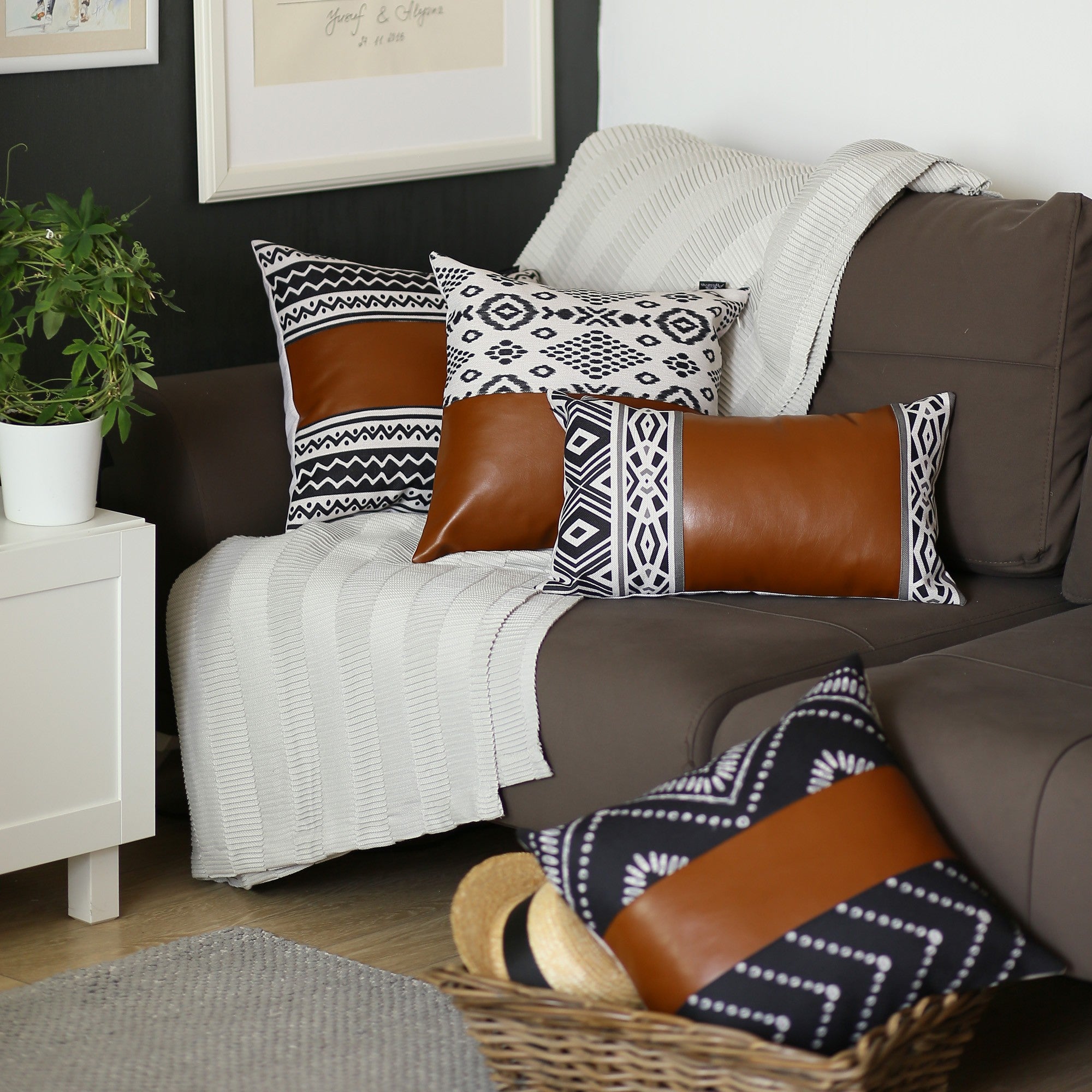 Warm Brown Faux Leather And Boho Abstract Pillow Cover