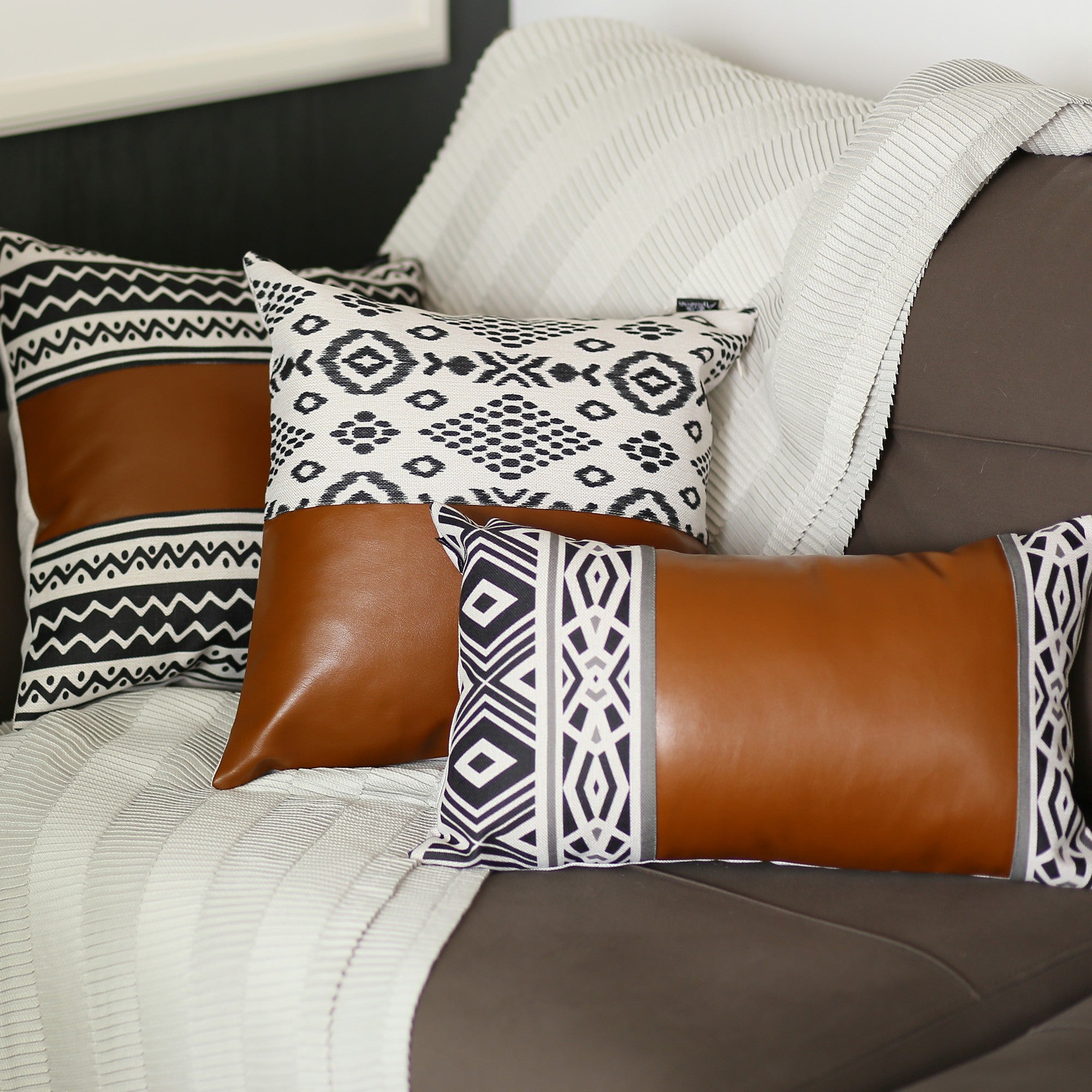 Warm Brown Faux Leather And Boho Abstract Pillow Cover