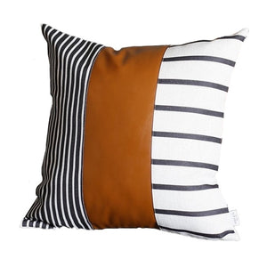 Faux Leather And Monochromatic Stripes Decorative Pillow Cover