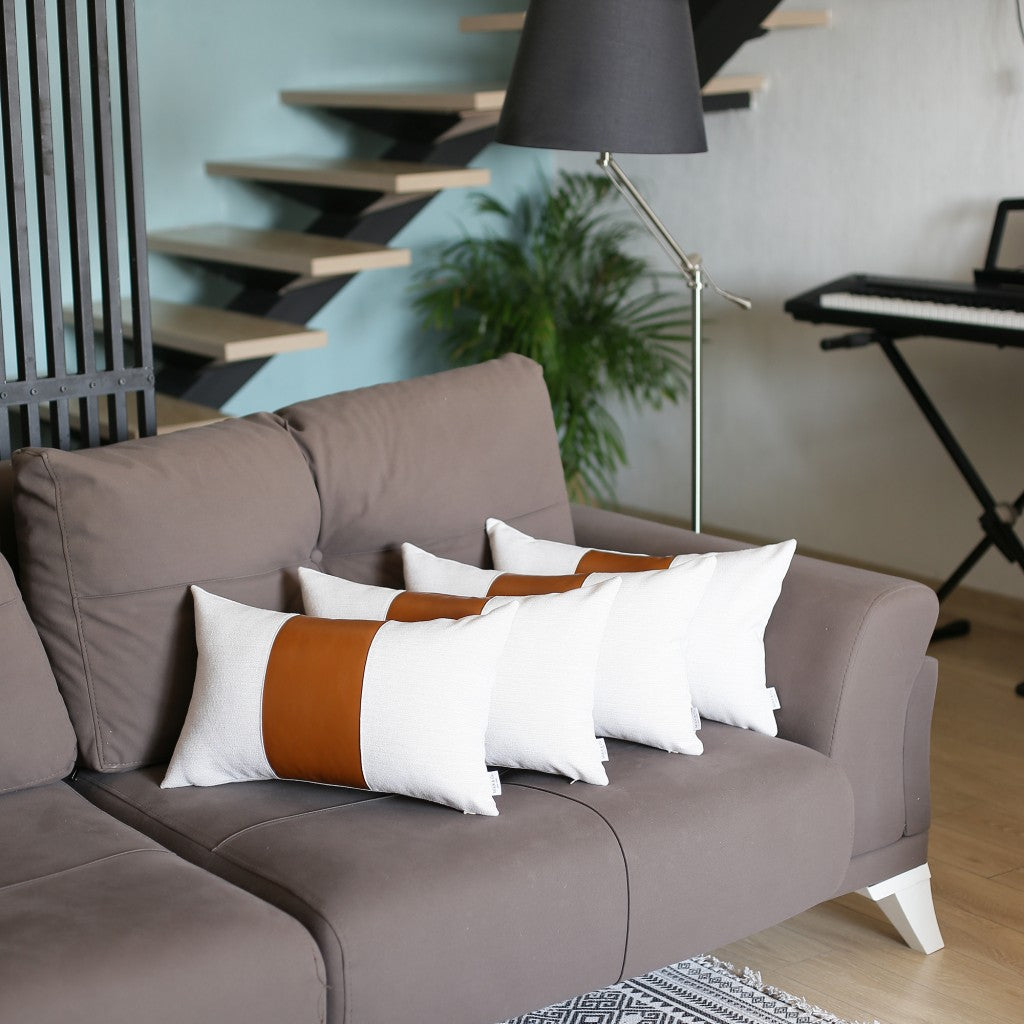 Juego De 4 Fundas De Cojín Lumbar De Piel Sintética Blanca Y Marrón