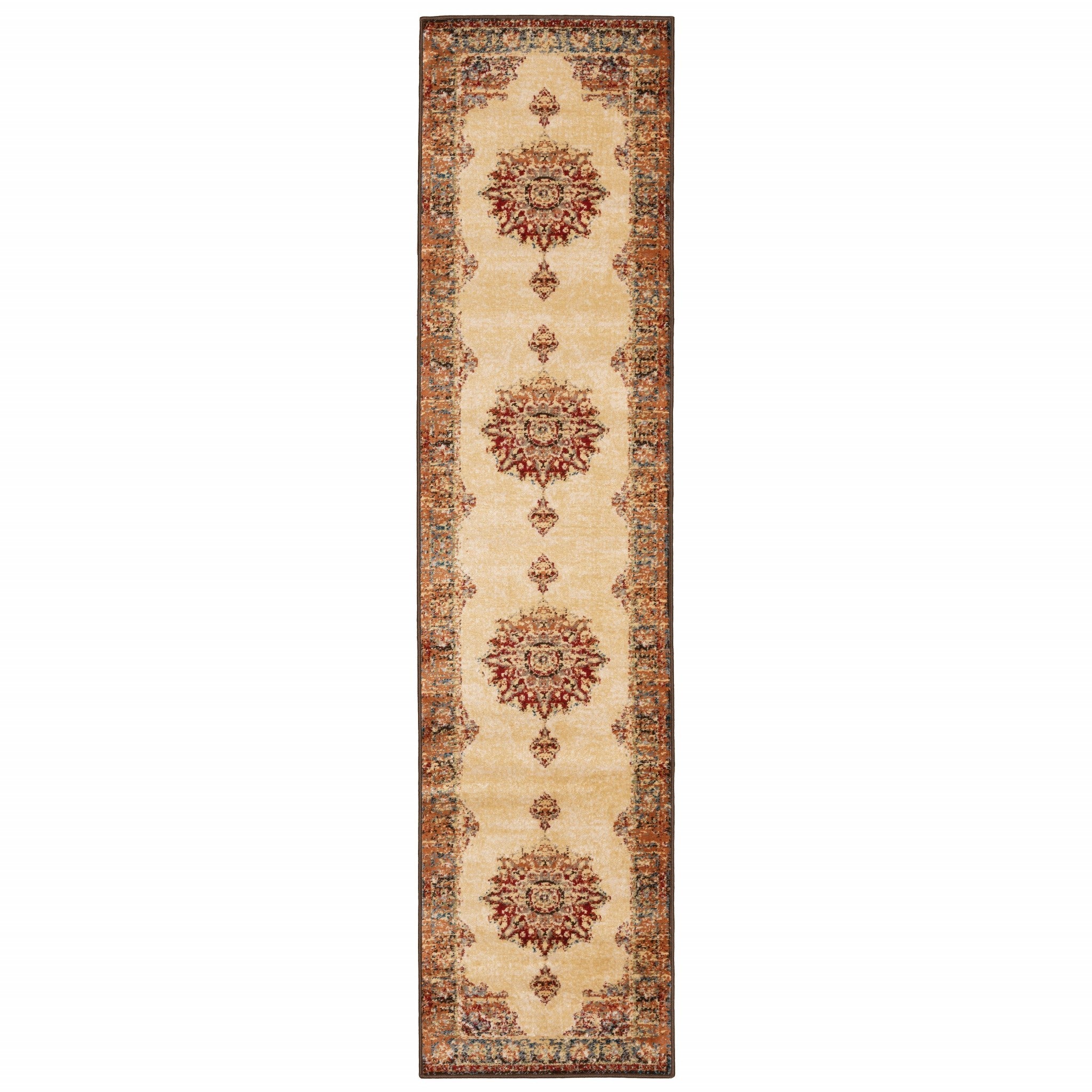2’ X 8’ Gold And Orage Floral Medallionrunner Rug