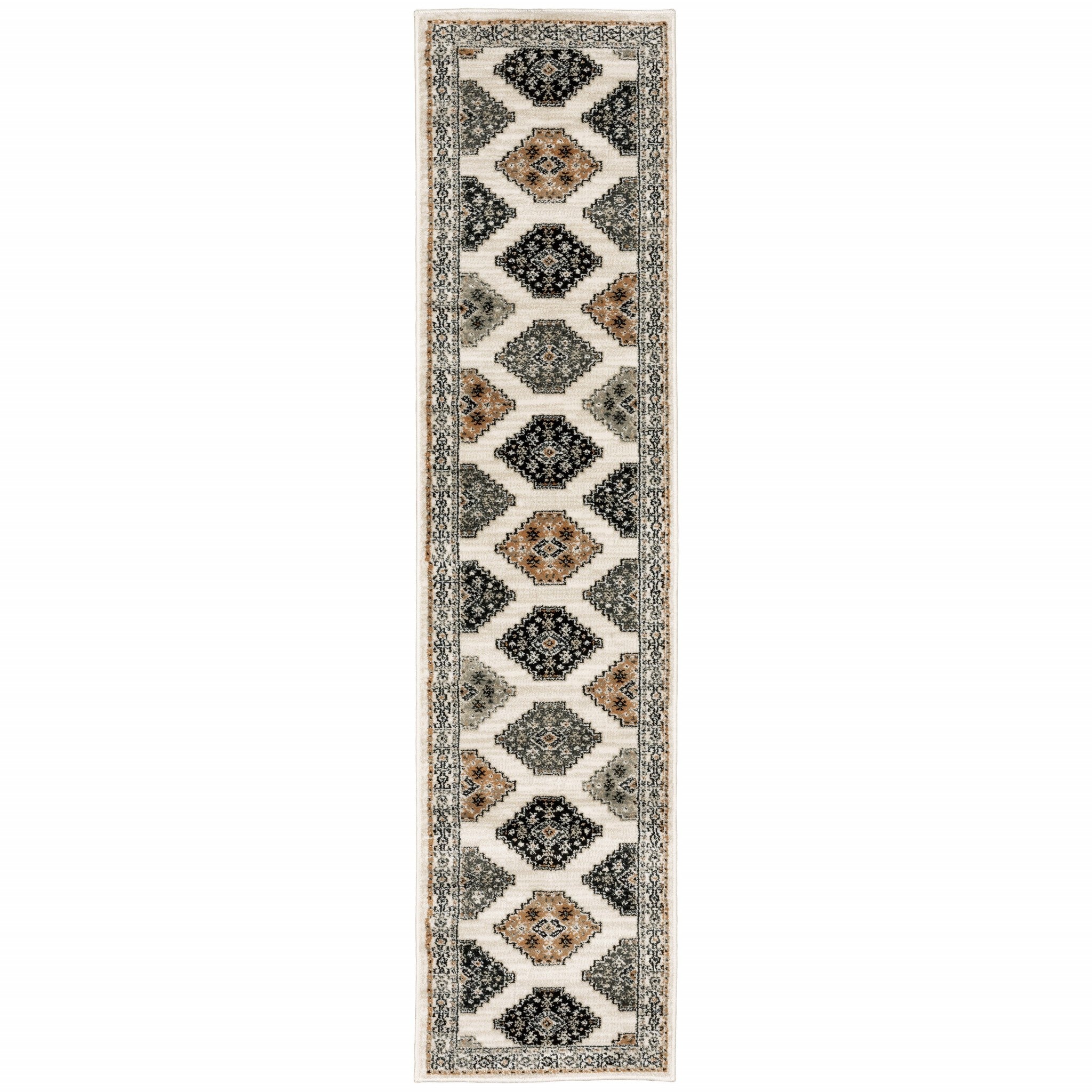 Abstract Ivory And Gray Geometric Indoor Runner Rug - 2’ x 8’