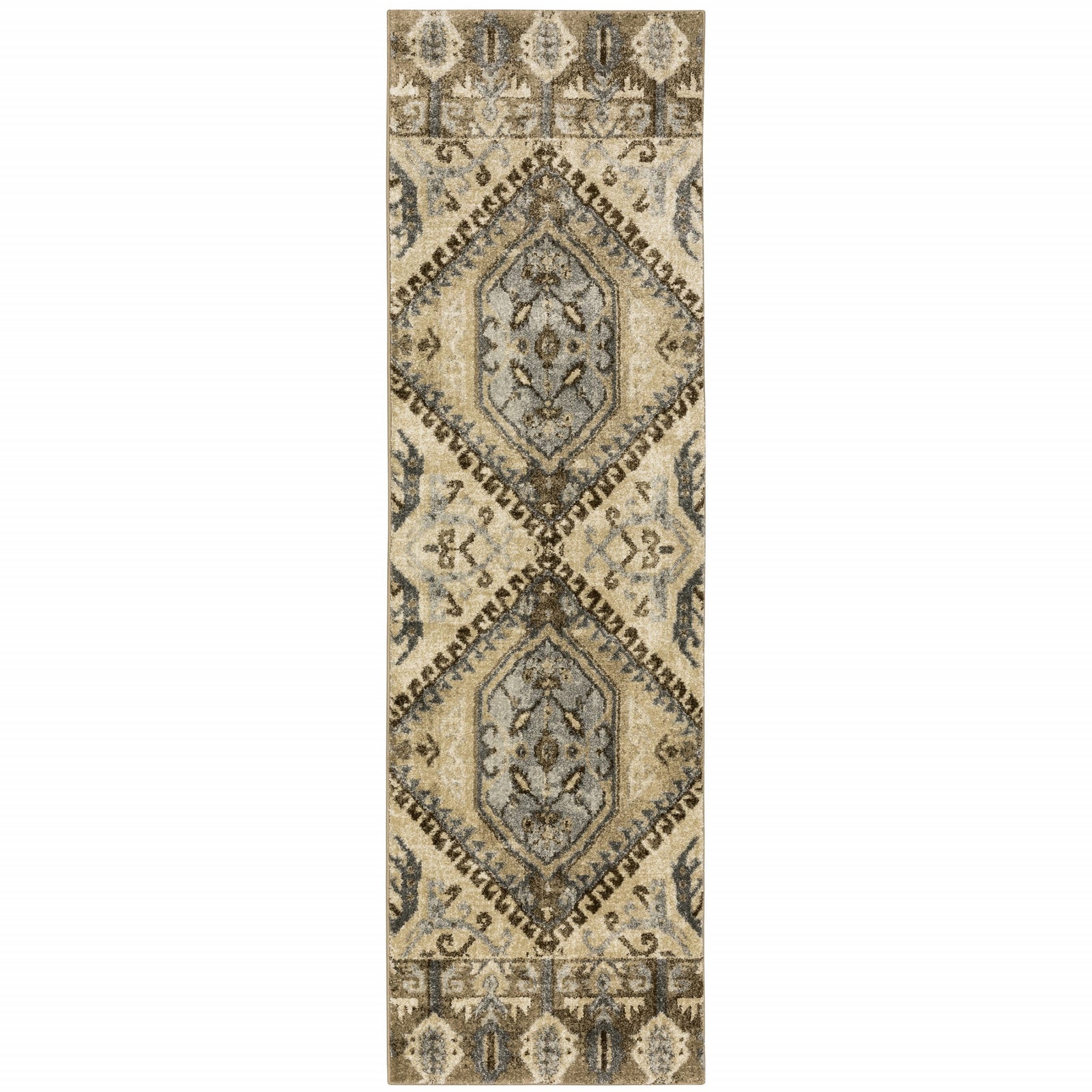 2’ X 8’ Tan And Gold Central Medallion Indoor Runner Rug