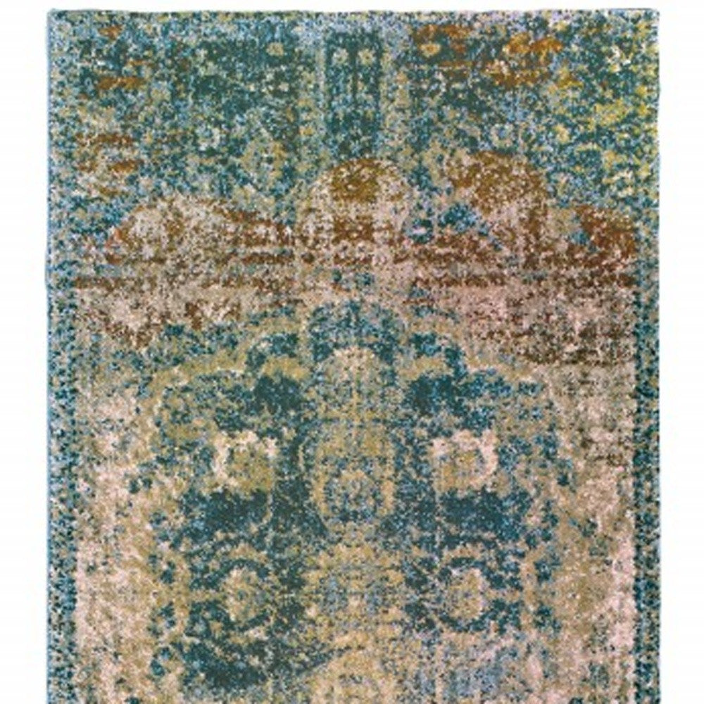 2’ X 8’ Sand And Blue Distressed Indoor Runner Rug