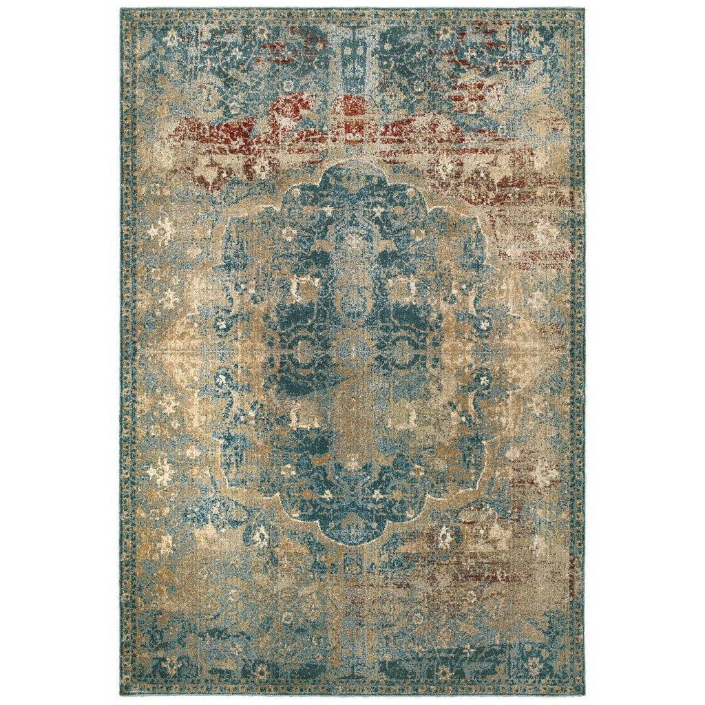 2’ X 8’ Sand And Blue Distressed Indoor Runner Rug