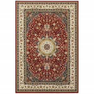 5' X 8' Red Ivory Machine Woven Oriental Indoor Area Rug