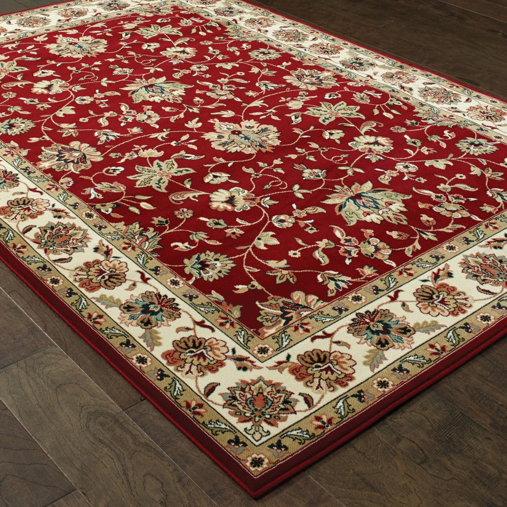 7' X 10' Red Ivory Machine Woven Floral Oriental Indoor Area Rug