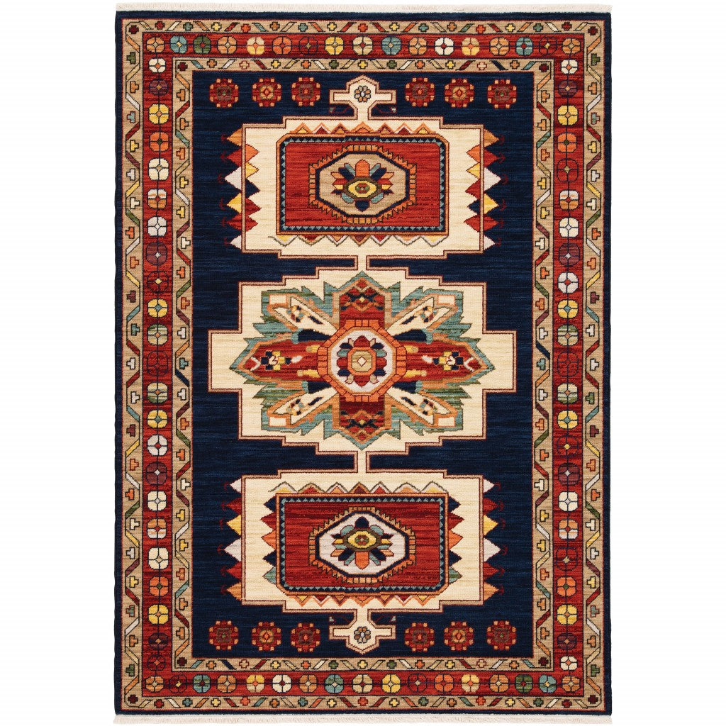 12' Blue Red Machine Woven Medallions Indoor Runner Rug