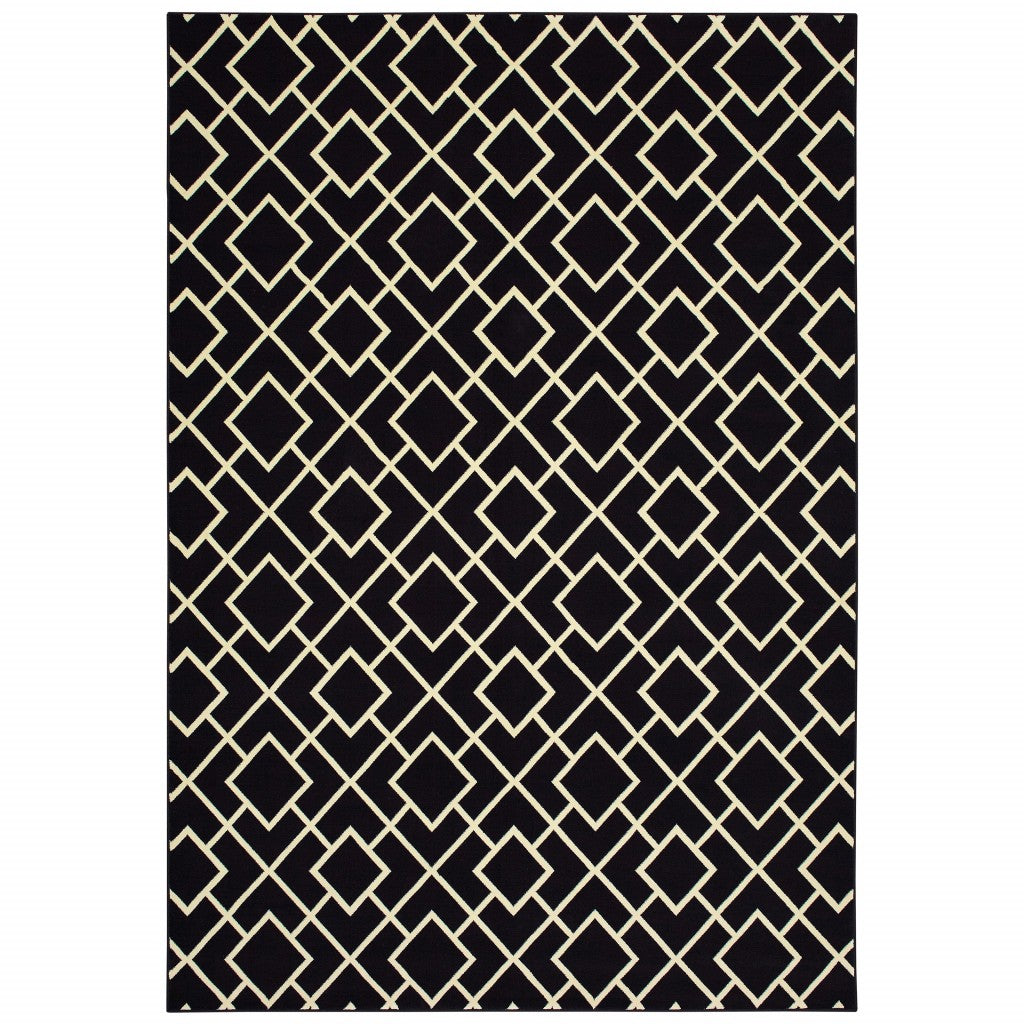 8' Black Ivory Machine Woven Geometric Diamonds Indoor Runner Rug