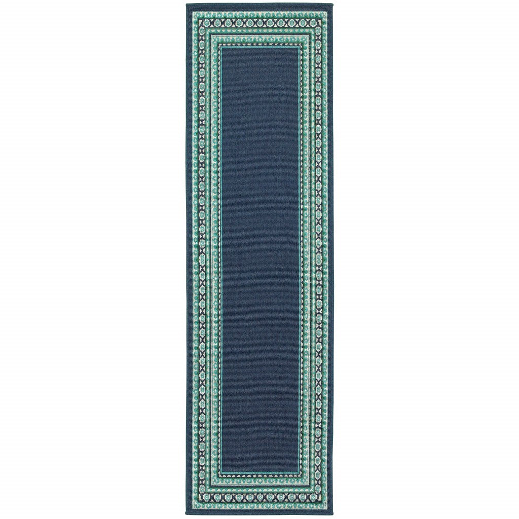 2’X8’ Navy And Green Geometric Indoor Outdoor Runner Rug