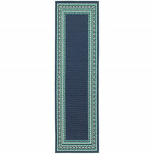 2’X8’ Navy And Green Geometric Indoor Outdoor Runner Rug