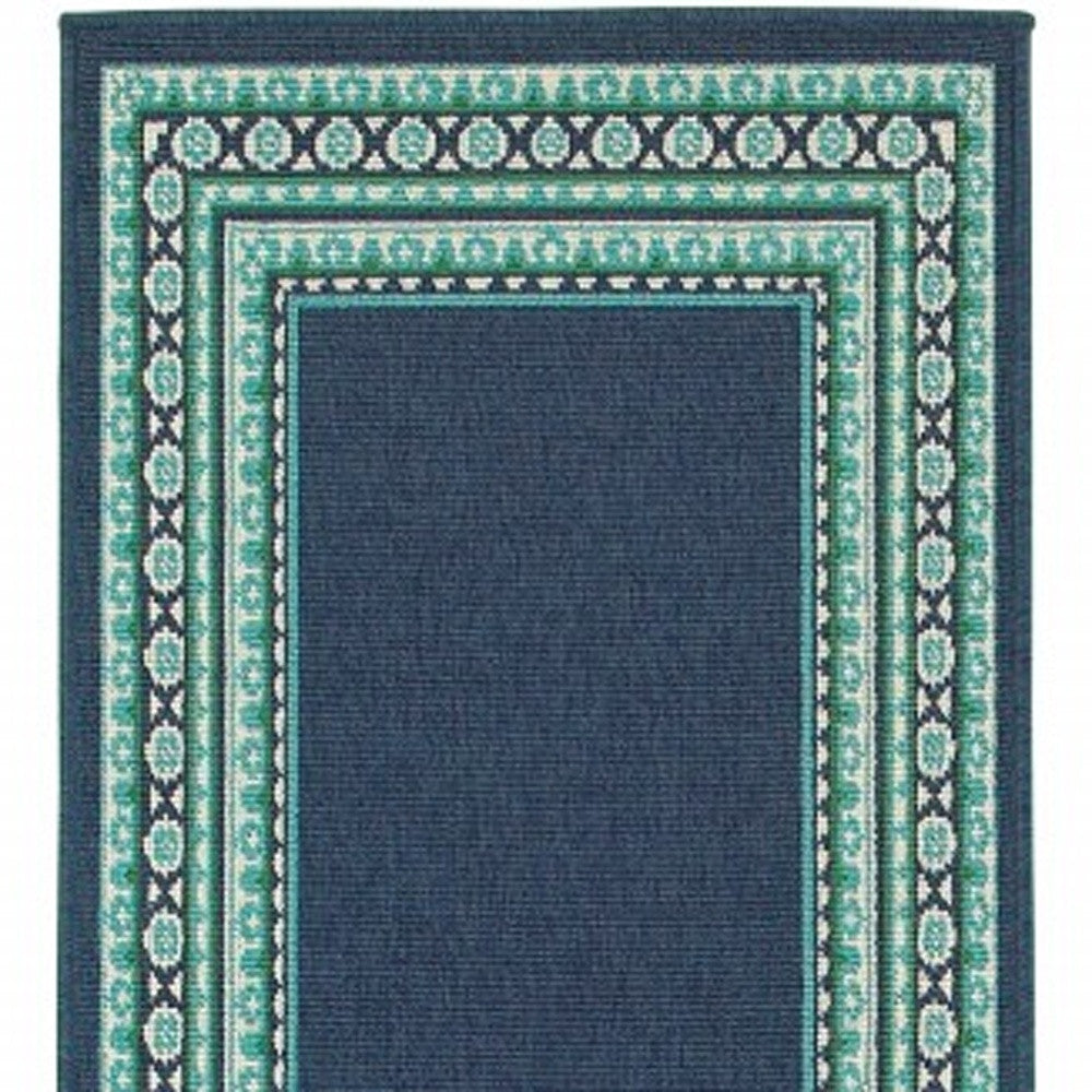 2’X8’ Navy And Green Geometric Indoor Outdoor Runner Rug