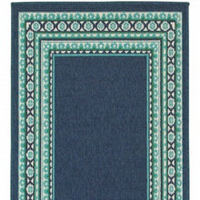 2’X8’ Navy And Green Geometric Indoor Outdoor Runner Rug